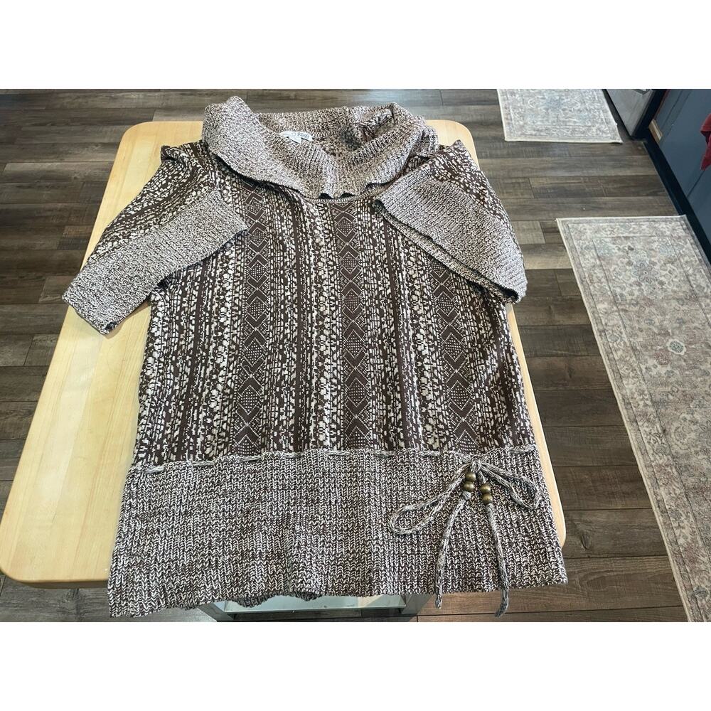 RBX Off Shoulder Brown Beige Cowl Neck Short Sleeve Knit Sweater Tunic Womens XL